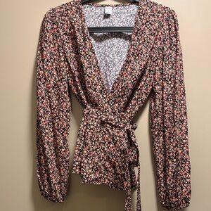 Old Navy Floral Wrap Blouse - Black and Pink